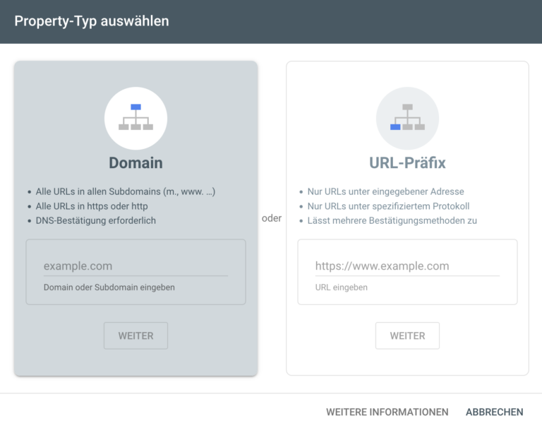 Google Search console Domain Property und URL Präfix Property